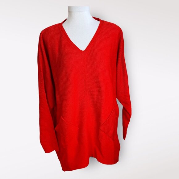 Denim & Co V Neck Sweater Tunic with Pockets Red - Picture 2 of 6